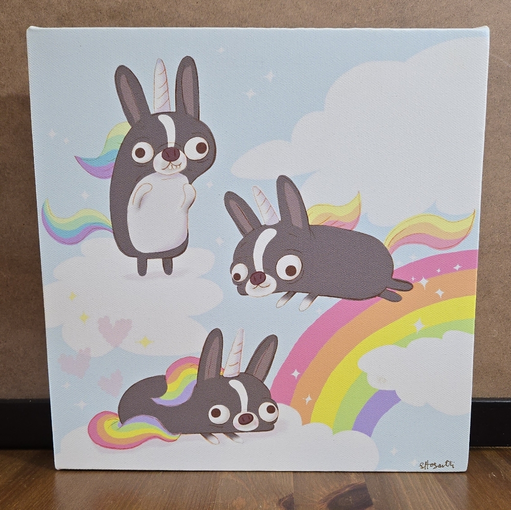 Frolicking Unicorn Boston Terrier Dog Canvas Art